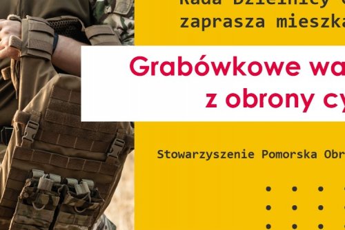 Żółto-czarny plakat ze zdjęciem osoby w mundurze moro trzymającym plecak