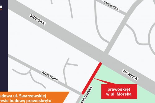 Mapa lokalizacji inwestycji pn. Przebudowa ul. Swarzewskiej, w zakresie budowy prawoskrętu z ul. Swarzewskiej w ul. Morską, mat. WI UM Gdyni