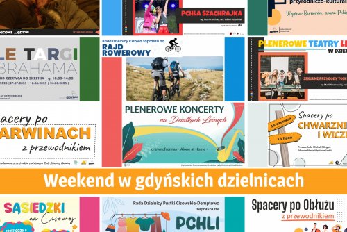 Kolaż zdjęć plakatów  weekendowych wydarzeń w dzielnicach (mat. pras.)