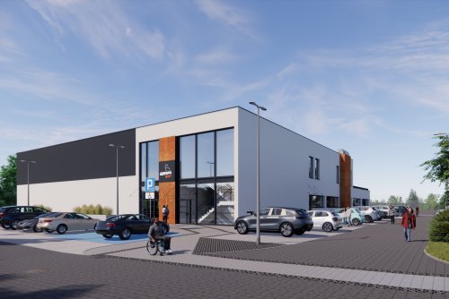 Projekt budynku krytej pływalni, widok od frontu (wyk. Primes Sp. z o.o.)