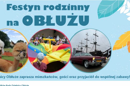 Plakat promujacy festyn na Obłużu ze zdjęciami atrakcji.