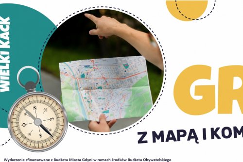 Plakat z mapą i kompasem promujący grę terenową w Wielkim Kacku