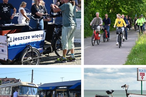 Kolaż zdjęć: w lewym górnym rogu: rower cargo, pracownicy Gdynia mobilna oraz mieszkanka Gdyni, w prawym górnym rogu: rowerzyści na drodze rowerowej i licznik rowerowy, w dolnym lewym rogu: pojazdy komunikacji miejskiej w Gdyni, w prawym dolnym rogu: rower cargo na bulwarze Nadmorskim, fot. gdynia.pl 