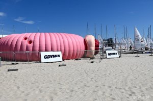 na zdjęciu 13-metrowa makieta jelita grubego na plaży