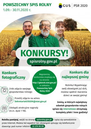 Plakat informujący o konkursach prowadzonych w ramach Powszechnego Spisu Rolnego