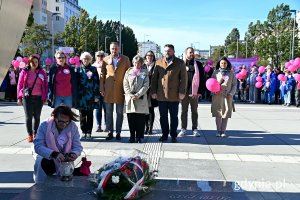 Od lewej: radne Gdyni Anna Szpajer, Agnieszka Tokarska, Joanna Zielińska i Teresa Bysewska, Tomasz Augustyniak – wiceprezydent Gdyni, Janina Łojba – prezes Stowarzyszenia Amazonek Gdyńskich, posłanka Wioleta Tomczak, Tadeusz Szemiot – przewodniczący Rady Miasta Gdyni oraz radni Gdyni Łukasz Strzałkowski i Emilia Rogała podczas składania kwiatów i znicza przed pomnikiem Polski Morskiej podczas Marszu Różowej Wstążki