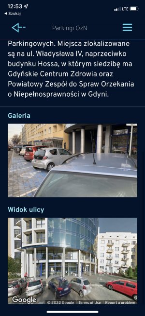 Fragment galerii i opisu miejsc parkingowych. Zrzut ekranu z aplikacji gdynia.pl. 