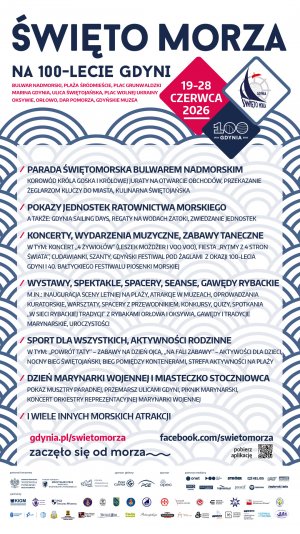 Plakat z zapowiedzią wybranych imprez: Parada Świętojańska, Żeglarska Parada Świętojańska, koncerty, wydarzenia muzyczne, zabawy taneczne, wystawy, spektakle, spacery, seanse, gawędy rybackie, sport dla wszystkich, aktywności rodzinne, Dzień Marynarki Wojennej i Miasteczko Stoczniowca i wiele innych morskich atrakcji 