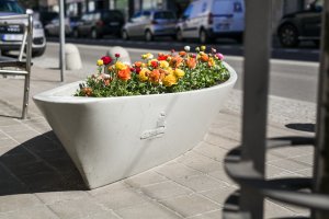 Kwitnące donice przy ulicy Świętojańskiej