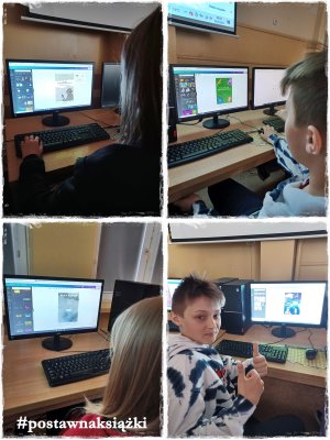 Dzieci przed komputerami projektujący okładkę książki