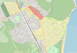 Proponowane zmiany w Strefie Płatnego Parkowania w Gdyni – obszar Orłowa. Na czerwono zaznaczono teren, który ma zostać wyłączony z granic strefy, na żółto – nadal aktualny teren strefy w dzielnicach; na zielono – teren, który ma zostać włączony do granic strefy po zmianach (mat. ZDiZ w Gdyni)