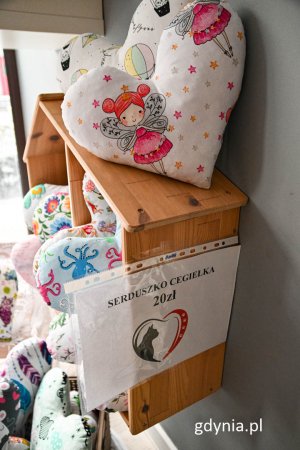 Ręcznie szyte poduszki na zbiórkę dla kotów.  (fot. Michał Sałata, gdynia.pl)