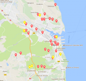 Przedszkola zaznaczone kolorem czerwonym, Szkoły podstawowe zaznaczone kolorem żółtym.