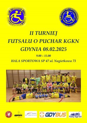 Żółty plakat z nazwą II Turnieju Futsalu o Puchar KGKN, datą zawodów, zdjęciem drużyny sportowej i logotypami