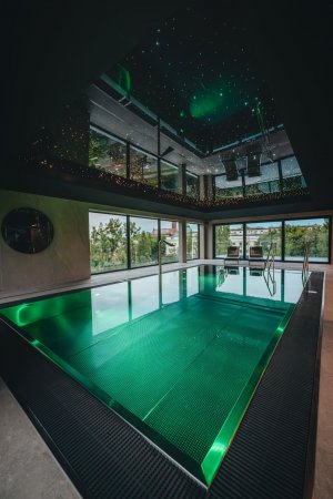 Widok basenu w budynku hotelu.