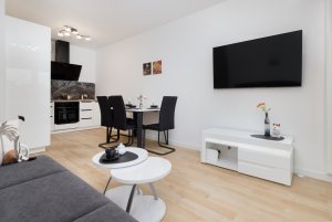 Apartament Obrońców Wybrzeża 8/93, widok na salon z aneksem kuchennym