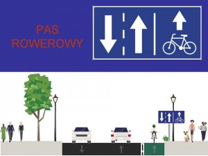 Grafika przedstawiająca oznakowanie pasa rowerowego.