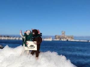 Dwie myszki stoją na śniegu, w tle widać Torpedownię w Babich Dołach oraz morze. // fot. Aneta Rychert, Mysie opowieści