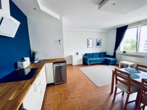 Apartament Il Capitano, widok na salon z aneksem kuchennym