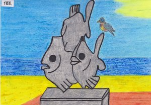Praca konkursowa przedstawiająca gołębia na pomniku rybek.