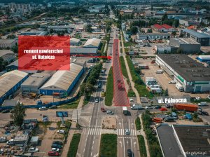 fragment remontowanej drogi zaznaczony na zdjęciu ulicy z lotu ptaka