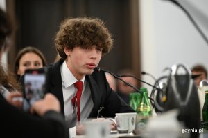 Konferencja &bdquo;Polityka państwa polskiego wobec materialnego i niematerialnego dziedzictwa wpisanego na Listę Światowego Dziedzictwa UNESCO&rdquo; w Senacie RP. Przemawia Filip Gradecki, radny Młodzieżowej Rady Miasta Gdyni, (fot. Łukasz Kamasz/gdynia.pl)