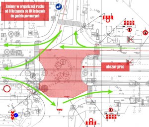 Grafika ilustrująca zmiany w organizacji ruchu od 9 do 10 listopada, do godzin porannych