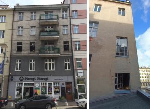 Widok na budynek i okna oficyny poddawane renowacji