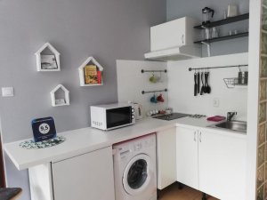 Apartament Studio Gruszka, widok na kuchnię