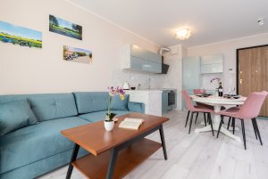 Apartament Obrońców Wybrzeża 8/27, widok na salon z aneksem kuchennym