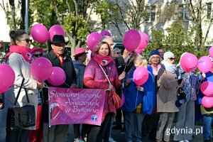 Uczestnicy Marszu Różowej Wstążki na skwerze Kościuszki 