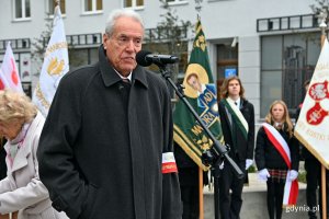 Andrzej Krajniak – członek zarządu stowarzyszenia Gdynian Wysiedlonych podczas uroczystości upamiętniających 84. rocznicę wysiedlenia ludności polskiej z Gdyni 