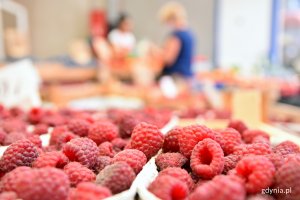 Opakowania ze świeżymi malinami. W tle stoisko na Halach Targowych w Gdyni - ekspedientka w białej bluzce sprzedaje towar klientce w chabrowej bluzce // fot. Sławomir Okoń