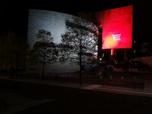 Budynek Muzeum Miasta Gdyni podświetlony na biało-czerwono, przesłania go drzewo // fot. Karolina Szypelt