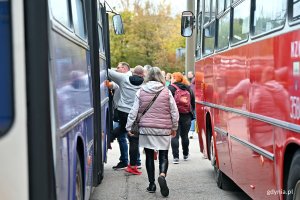 Pasażerowie oglądający zabytkowe Ikarusy 