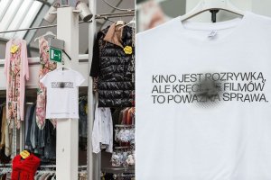 Koszulka w Halach Targowych z cytatem: „Kino jest rozrywką, ale kręcenie filmów to poważna sprawa”. // fot. Traffic Design