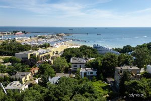 Szeroka panorama Gdyni, dobrze widoczne budynki, drzewa, marina rybacka, plaża i morze
