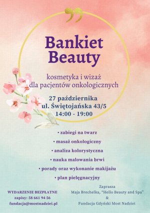 Różowo-błękitny plakat z rysunkowymi kwiatami i fioletowymi napisami o treści zgodnej z akapitem o Bankiecie Beauty