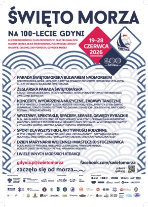 Plakat z zapowiedzią wybranych imprez: Parada Świętojańska, Żeglarska Parada Świętojańska, koncerty, wydarzenia muzyczne, zabawy taneczne, wystawy, spektakle, spacery, seanse, gawędy rybackie, sport dla wszystkich, aktywności rodzinne, Dzień Marynarki Wojennej i Miasteczko Stoczniowca i wiele innych morskich atrakcji 