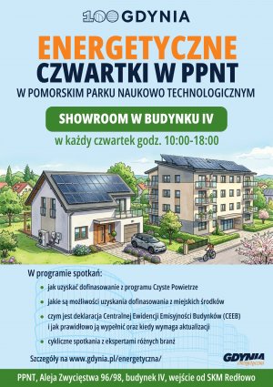 plakat promujący Energetyczne Czwartki w PPNT z informacjami o zakresie udzielanych porad oraz grafiką przedstawiającą dom wolnostojący oraz blok mieszkalny, budynki, kt&oacute;rych właściciele mogą wnioskować o dotację na wymianę systemu ogrzewania.