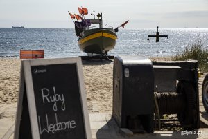 Plaża w Orłowie. Na pierwszym planie tablica z napisem "ryby wędzone", obok wyciągarka łodzi, w tle kuter rybacki na piasku i morze. Fot, Przemysław Kozłowski