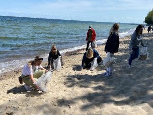 Kilka osób zbiera odpady na plaży przy Polance Redłowskiej