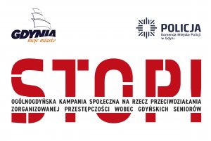 Na zdjęciu logo kampanii "STOP!" - czerwony napis "Stop", na którym widnieje czarno-biały opis akcji. Powyżej logo Gdyni oraz KMP w Gdyni