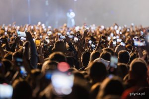 Publiczność zgromadzona przed sceną główną podczas jednego z koncertów. większość widzów trzyma nad głowami telefony komórkowe // fot. Karol Stańczak