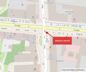 Mapa przedstawiająca utrudnienia na ul. 3 Maja w związku z zapadnięciem nawierzchni