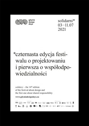 Biały plakat Gdynia Design Days 2021 z czarnymi, prostymi napisami. // materiały Hardziej Studio