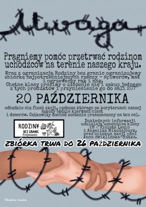 Plakat zrobiony przez uczniów II Liceum Ogólnokształcącego w Gdyni na zbiórkę darów dla uchodźców na polsko-białoruskiej granicy. Źródło: II LO w Gdyni