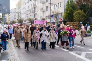 Od lewej: radny miasta Łukasz Strzałkowski, Mariola Śrubarczyk-Cichowska – wiceprzewodnicząca Rady Miasta Gdyni, wiceprezydent Gdyni Tomasz Augustyniak, radna miasta Monika Strzałkowska, Tadeusz Szemiot – przewodniczący Rady Miasta Gdyni, prezydent Gdyni Aleksandra Kosiorek, Janina Łojba – prezes Stowarzyszenia Amazonek Gdyńskich, radni miasta Dominik Aziewicz i Joanna Zielińska, Bożena Zglińska – dyrektorka Centrum Aktywności Seniora oraz radna miasta Agnieszka Tokarska podczas Marszu Różowej Wstążki 