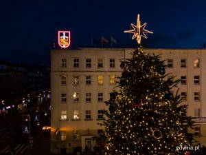 Ozdobiona choinka przed Urzędem Miasta. Na szczycie znajduje się złota gwiazda. Za choinką widoczny jest budynek Urzędu Miasta. // fot. Marcin Mielewski
