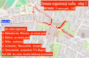 Grafika ilustrująca zmiany w organizacji ruchu w dzielnicy Gdynia Witomino. Opis zmian - w komunikacie.